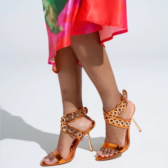 Orange & Metallic Gold Hardware Embellished Stiletto High Heel Sandals - Picture 5 of 5